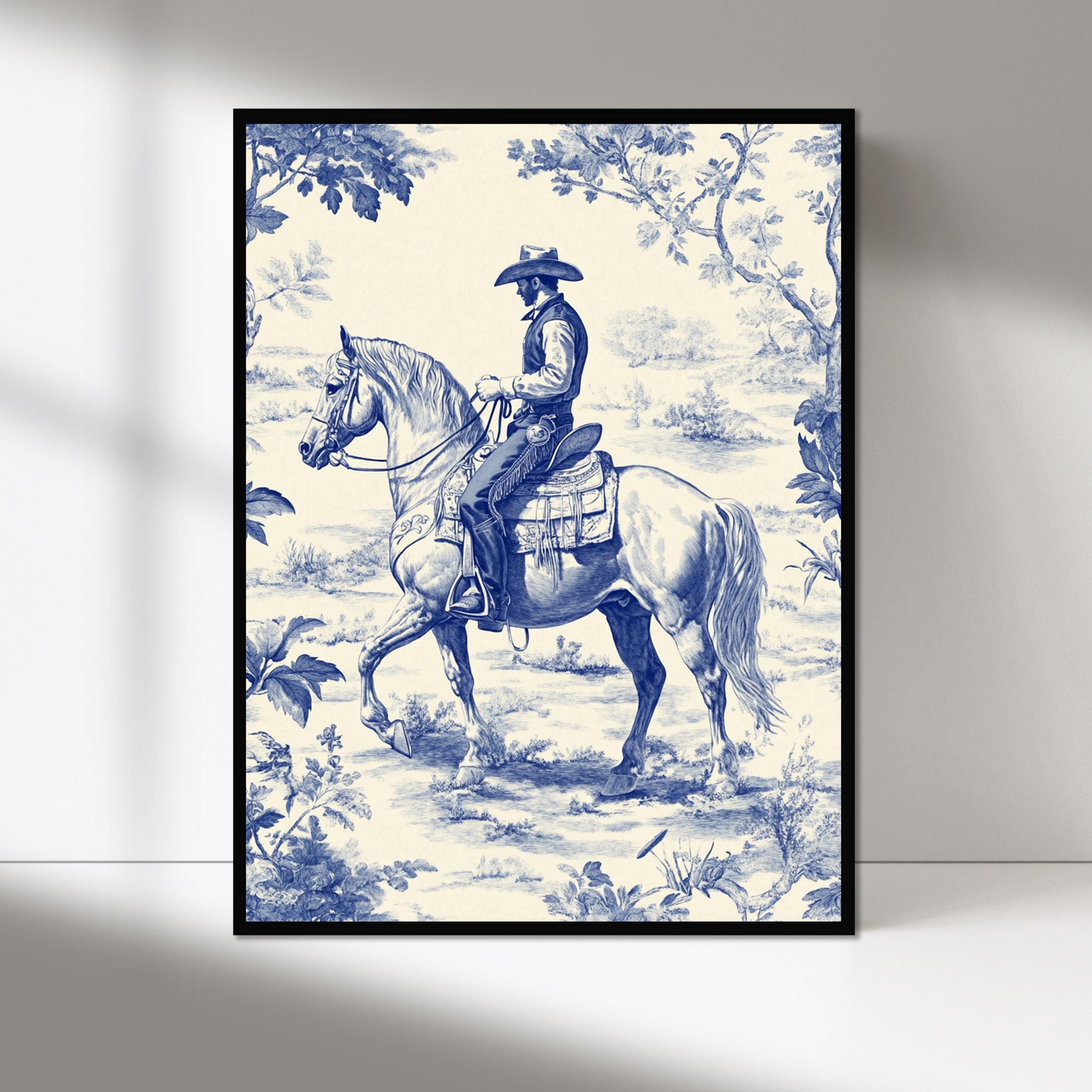 Vintage Chinoiserie Cowboy Toile Print, Wild West Home Decor, Cowboy ...
