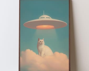Retro Cat UFO Poster, Sci-Fi Alien Art Print (Digital Download)