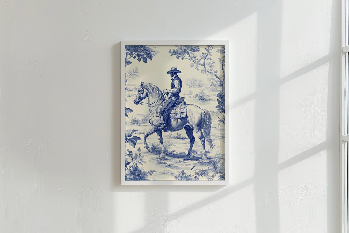 Vintage Chinoiserie Cowboy Toile Print, Wild West Home Decor, Cowboy ...