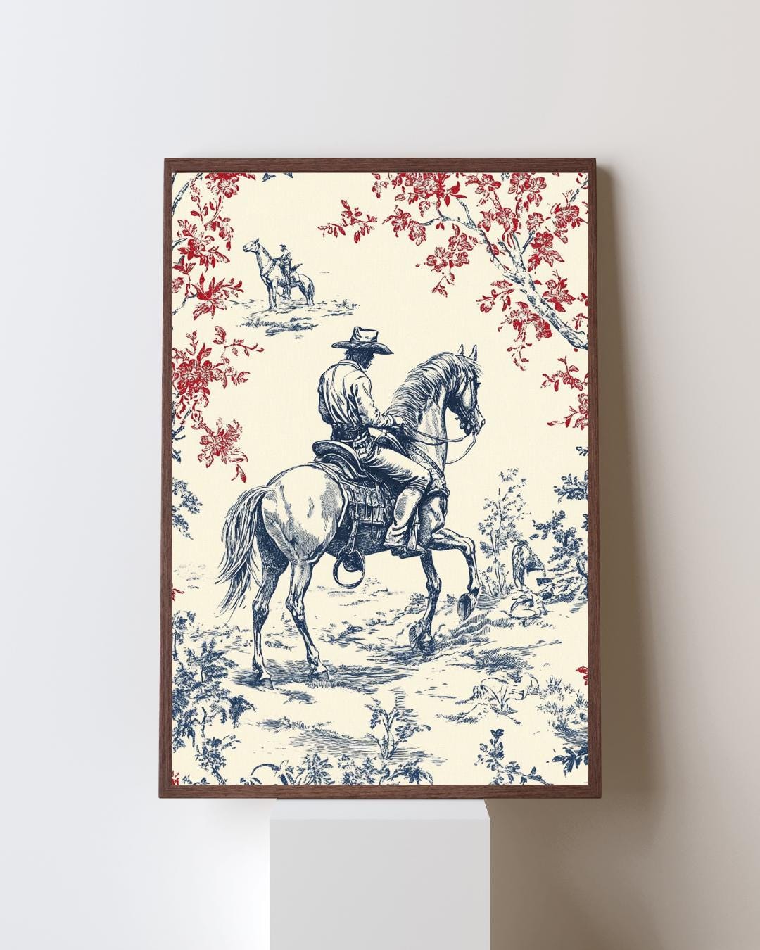 Chinoiserie Wall Art Cowboy, Toile Wall Art, Vintage Blue Digital Print ...