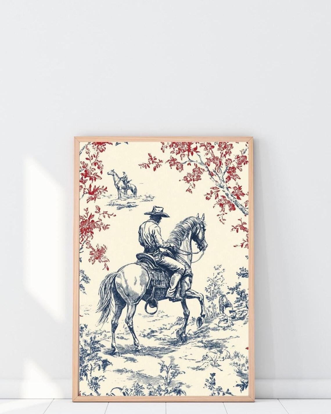 Chinoiserie Wall Art Cowboy, Toile Wall Art, Vintage Blue Digital Print ...