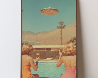Retro UFO Poster: Chic Poolside Vibes in Palm Springs, Vintage Palm Springs UFO Poster, Swimming Pool Art, California Hotel Bar Art
