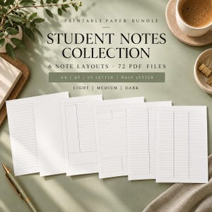 Puede incluir: Un paquete de papel imprimible titulado Student Notes Collection que incluye 6 diseños de notas y 72 archivos PDF en tamaños A4, A5, US Letter y Half Letter. La colección ofrece opciones claras, medias y oscuras con varias cuadrículas.