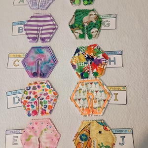 May include: Ten fabric squares with different patterns and colors. Each square has a letter label from A to J and a small tag that says "FABRIC".