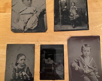 5 Antique Tintype Victorian Original Photographs of Children, Early 1900s  Free Shipping