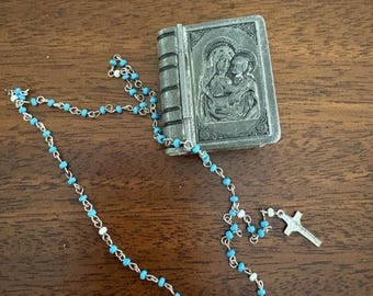 Antique German Metal Miniature Bible Box With Rosary