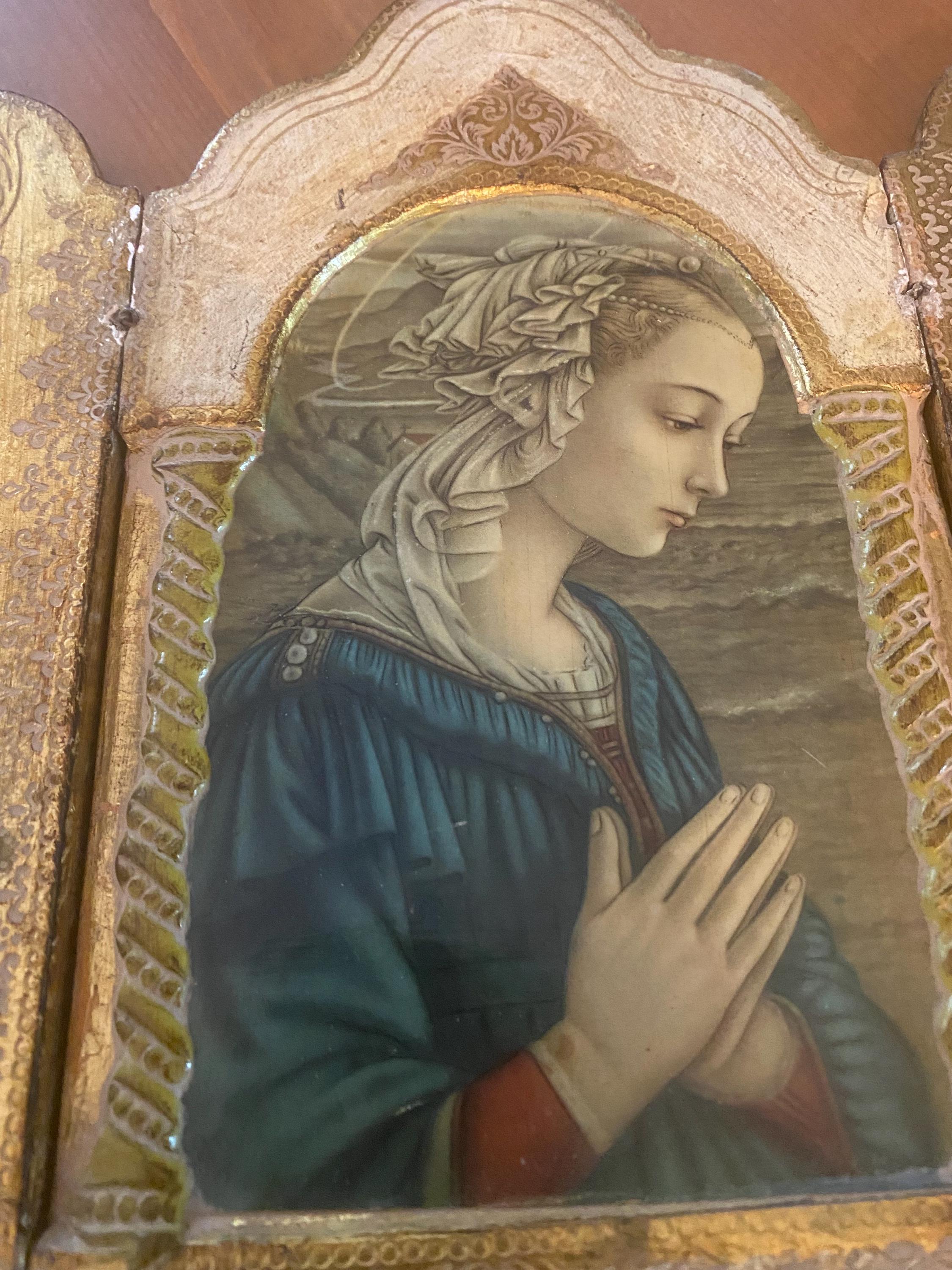 Vintage Tri-fold Frame of the Madonna From the Painting 