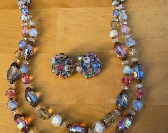 Vintage Laguna pastel faceted Crystal Necklace and Earrings