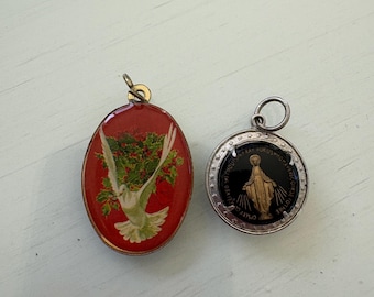 2 Religious Pendants - Red Dove Holly Pendant and Miraculous Mother Mary Pendant