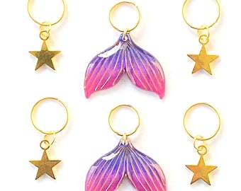 6 pack of gold metal star & mermaid tail rings fashion dangle hair braid dreadlock clip bead cuffs braiding accessories