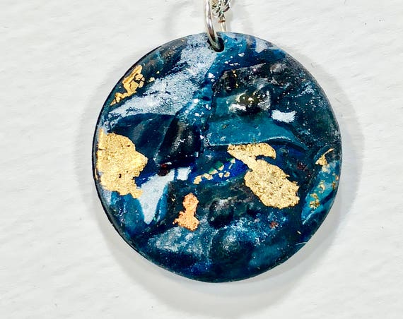 SJC10125 - Handmade blue/white/gold/copper polymer clay round reversible pendant necklace with abstract asymmetric design