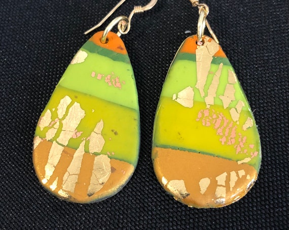 SJC10420 - Earrings - multi color orange green gold contemporary handmade polymer clay on drop shaped piece with sterling silver ear wire