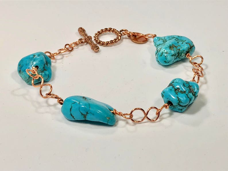 copper infinity links and copper toggle clasp. Handmade copper bracelet with turquoise gemstones SJC10136
