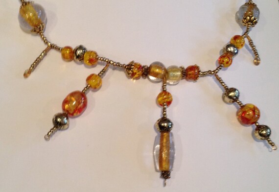 SJC10001 - Amber, gold and yellow beaded necklace and earrings set