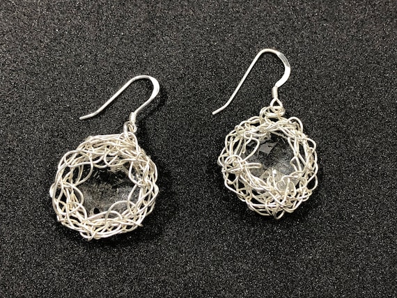 SJC10212 - Handmade unique Drop Earrings - small sterling silver wire crochet bezel with recycled clear chandelier crystal prism