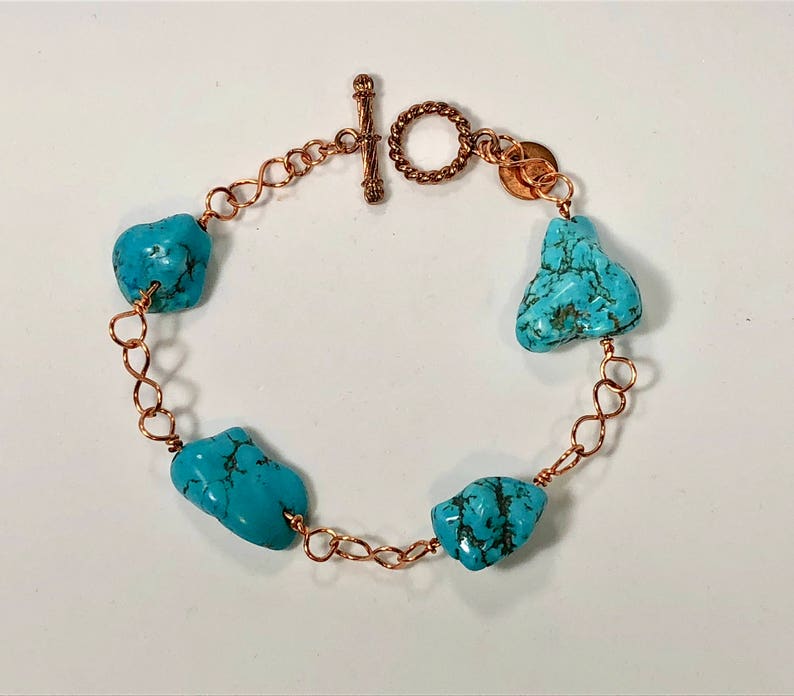 copper infinity links and copper toggle clasp. Handmade copper bracelet with turquoise gemstones SJC10136