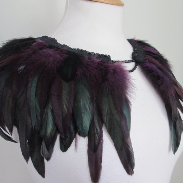 Purple coque feather collar capelet with lace trim and bead detailing.