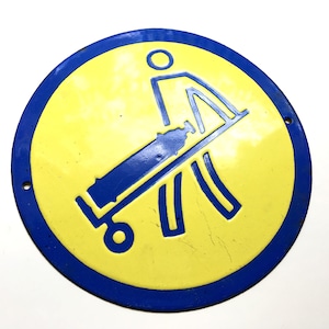 Vintage Tin Enamel Porcelain Sign Industrial Pressure Bottle Service Cart 1970's Very Rare Yellow Blue Man Cave Safety Sign