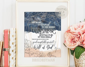 Romans 12:2 Floral Christian Printable, Transformation Bible Verse Poster, Follower Wall Art, Flower Sketch Scripture Reminder Home Print