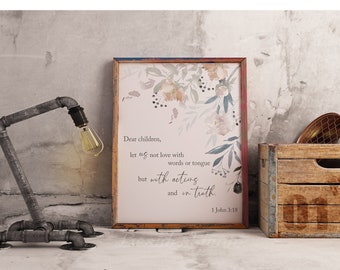 Floral Love Scripture Printable with Watercolor Leave and Flower, Christian Foyer Hallway Art, New Home Decor with Bible Verse