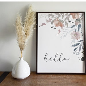 Floral Hello and Welcome Sign with Watercolor Leave and Flower for Wedding Shower and Event, Foyer Hallway Art, New Home Decor image 2