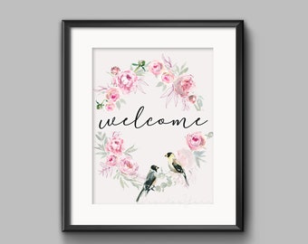 Floral Hello Sign with Pink Peony and Birds, Foyer Hallway Art, New Home Decor, Country Welcome Wedding Sign for Shower and Event