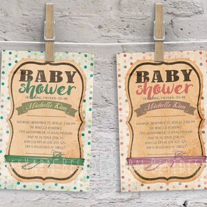 Zaproszenie na imprezę w stylu vintage z kropkami na baby shower, urodziny, koronka z zielonego sznurka, karta do samodzielnego wydruku