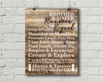 Brother and Sister Rustic Wood Wall Art, Custom Name Print, Personalized Sibling Printable, Playroom Sign, Nursery Decor