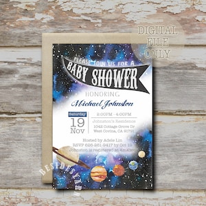Invitation d’anniversaire dans l’espace extra-atmosphérique imprimable, fête de bricolage, thème d’astronaute du système solaire Baby Boy shower, impression de planète