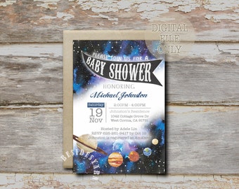 Outer Space Birthday Invitation Printable, DIY Party, Solar System Astronaut Theme Baby Boy shower, Planet Print