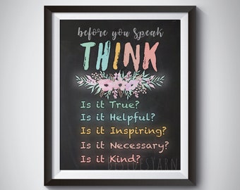 Classroom Behavior Poster, Think Before You Speak, Teacher Gift, Homeschool Sign Chalkboard Decor Print
