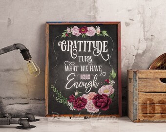 Chalkboard Foyer Grateful Sign, Cottage Thankful Print, CHRISTIAN Home Decor, Gratitude Quote Printable, Turn What You Have Into Enough