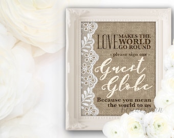Rustic Globe Guestbook Sign, Burlap and Lace Wedding (PRINTABLE)