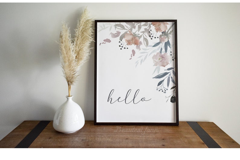 Floral Hello and Welcome Sign with Watercolor Leave and Flower for Wedding Shower and Event, Foyer Hallway Art, New Home Decor image 2