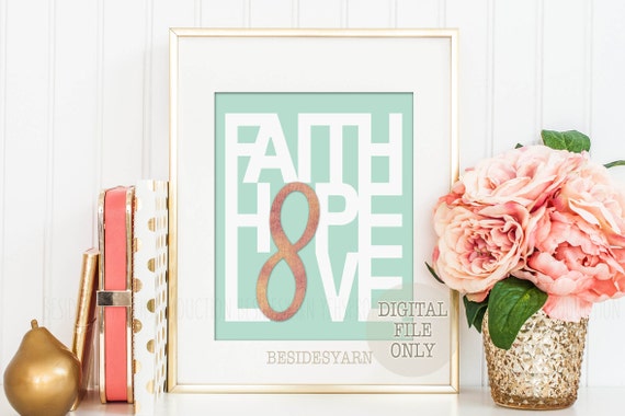 Love Print With Infinity Symbol Modern Home Decor Faith Hope Love Mint Green Rose Gold Foil Bible Verse Wall Printable Christian Gift