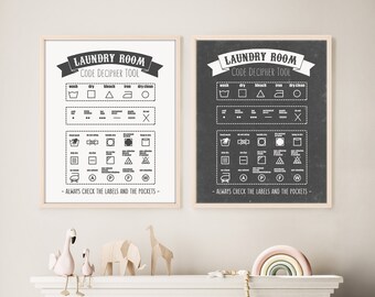 Laundry Room Symbol Guide Print, Gray Care Instructions Chart Poster, Housewarming Mother Gift