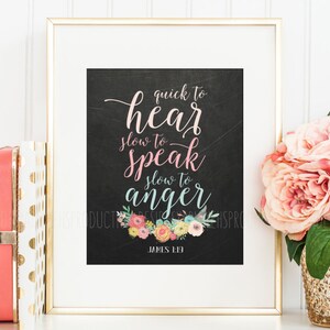 Christelijke dagelijkse herinnering muurposter, motiverende bijbelverskunst, homeschool schrift afdrukbaar, bloemenpositief huisdecor, James 1:19
