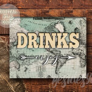 Benvenuto al mondo Baby Shower Drink stampabile, mappa vintage fai da te, cartello per festa, decorazione per stampa evento amante dei viaggi, poster di ristoro con mappa antica