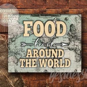 Benvenuto al mondo, cartello con cibo per la doccia, poster di rinfresco per feste globali, stampa di eventi con mappa vintage, dessert di nozze da viaggio antico stampabile
