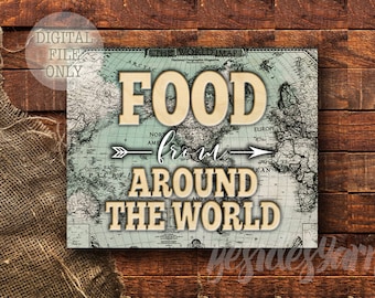 Welcome to the World Shower Food Sign, Global Party Refreshment Poster, Vintage Map Event Print, Antique Travel Wedding Dessert Printable