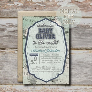 Willkommen auf der Welt Baby Shower Einladung druckbar mit Vintage Karte, Antike Baby Shower, Welt shower, Karte Baby Shower, Baby Junge oder Mädchen