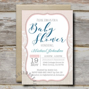Burlap and Lace Party Einladung druckbar mit blush rosa Akzent, Baby BrautParty Geburtstagsfeier, Rustikale Hochzeitseinladung, 4x6 Karte