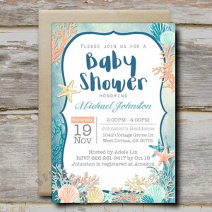 Invito per baby shower a tema sotto il mare stampabile, inviti per eventi sull'oceano, festa di compleanno sulla spiaggia della sirena