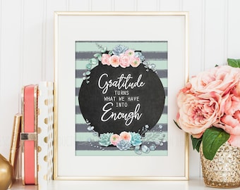 Floral Grateful Wall Art, Inspiring Quote Printable Poster, Country Cottage Thanksgiving Sign, Gratitude Home Decor, Positive Say Wall Print