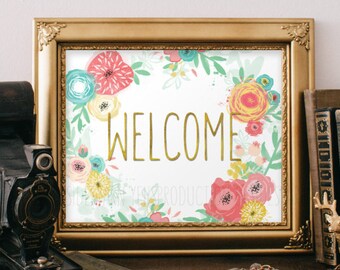 Welcome Sign with Flowers, Foyer Decor Hello Printable, Poster for Showers and Events