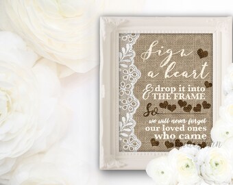 Lace and Purlap Country Wedding Guest Book Alternative Printable with Burlap and Lace, Sign a Heart Drop Box Guestbook
