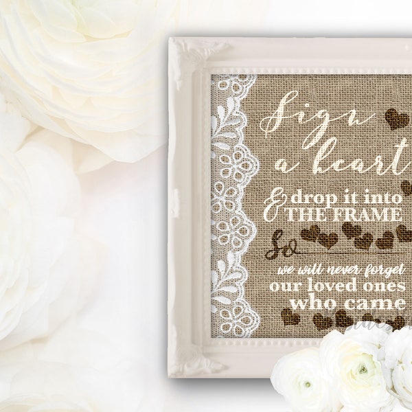 Lace and Purlap Country Wedding Guest Book Alternative Printable with Burlap and Lace, Sign a Heart Drop Box Guestbook