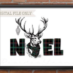 Puede incluir: Una ilustración en blanco y negro de un ciervo con cuernos que lleva una bufanda de cuadros. La palabra "NOEL" está escrita en letras grandes con un patrón de cuadros. Un pequeño adorno cuelga de los cuernos del ciervo.