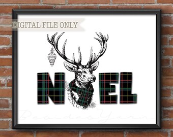Winter Holiday Reindeer Printable, Plaid Scarf Noel Wall Art, Funny Christmas Room Decor, Fall Entryway Hello Print, Foryer Welcome Poster