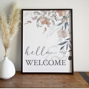 Floral Hello and Welcome Sign with Watercolor Leave and Flower for Wedding Shower and Event, Foyer Hallway Art, New Home Decor image 1